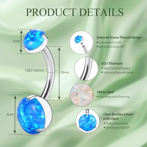 FUNLMO 14G Belly Button Ring Titanium Belly Button Piercing Belly Ring Internally Threaded Navel Piercing Jewelry - color: Silver-Blue Opal