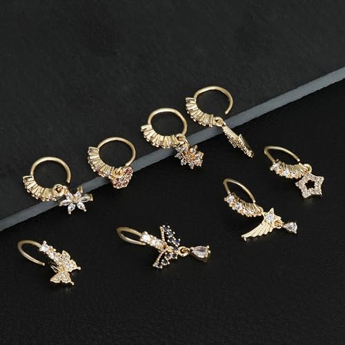 Akeoqi 12Pcs Nose Ring Hoop Cartilage Earring Cute Leaf Star CZ Butterfly Paved Nose Piercing Jewelry for Women men Silver Gold Plated 20G - color: E：New Gold Drop