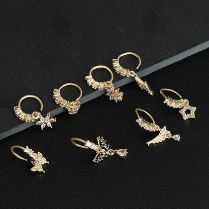 Akeoqi 12Pcs Nose Ring Hoop Cartilage Earring Cute Leaf Star CZ Butterfly Paved Nose Piercing Jewelry for Women men Silver Gold Plated 20G - color: E：New Gold Drop
