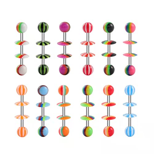 14G Body Piercing Jewelry Surgical Steel Belly Button Rings Tongue Rings Packs Silicone Spike Ball Barbell Belly Tongue Nipple Rings Piercing for Women - style: 12pcs tongue rings