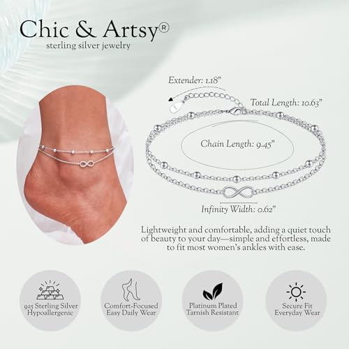CHIC & ARTSY 925 Sterling Silver Ankle Bracelets for Women, Adjustable Layered Foot Chains with Nature & Symbol Charms, Lightweight Comfort Fit Boho Beach Everyday Jewelry - color: Infinity/silver