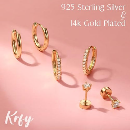 Sterling Silver Earrings Stacks for Women, Hypoallergenic Cartilage Earring | Dainty Stud Huggie Hoop Dangle Chain Earrings, 14K Gold/White Gold Plated - color: 3Pairs-Gold Stud Hoops Set