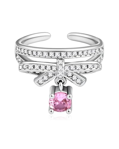Silver Cubic Zirconia Bow with Pink Crystal Open Ring Cute Stacking Adjustable Rings for Women Mother's Day