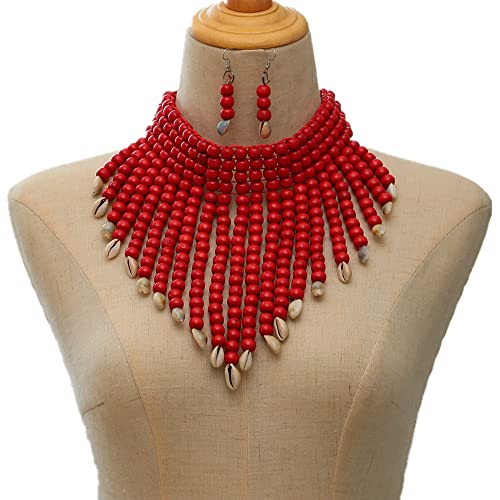 Wooden Beaded Seed Bib Necklace and Earrings Set for Women,Statement African Boho Layering Chunky Collar Choker Set - color: Red