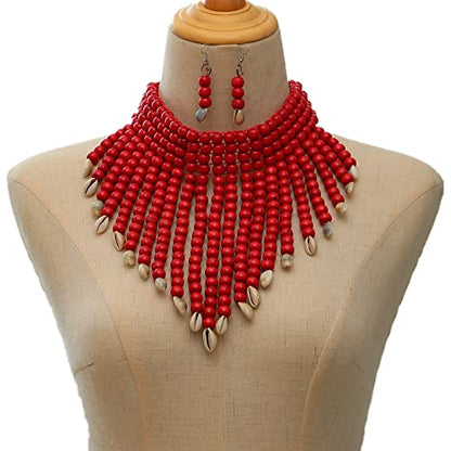 Wooden Beaded Seed Bib Necklace and Earrings Set for Women,Statement African Boho Layering Chunky Collar Choker Set - color: Red