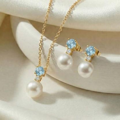 Mariell Pearl Wedding Necklace Earrings Set with CZ Crystal, Jewelry for Brides, Bridesmaid, Mother's Day - color: Gold-Blue Cubic Zirconia