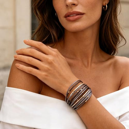 hotoo Leather Wrap Bracelet for Women - color: Multi-Strand (Gray-Gold)