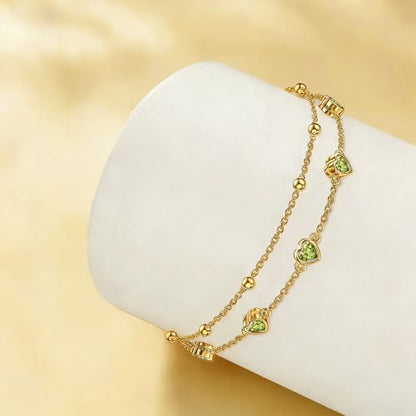 Midari 18K Yellow Gold Gemstone Birthstone Anklet Bracelet Heart Jewelry with 12 Months Birthstone Birthday Gifts for Women Wife Her Daughter Mom - color: 08-Aug-Peridot, size: Anklet 9"-11"