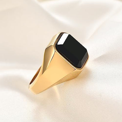 VQYSKO 14K Gold Plated Square Signet Ring | Stainless Steel Band for Men - color: Gold+Black