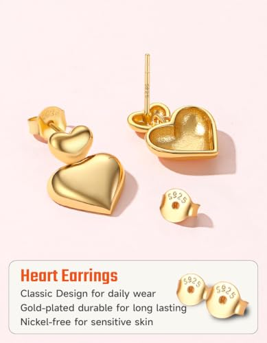 JustBeingCute Heart Stud Earrings 14K Gold Plated 925 Sterling Silver Posts | Dainty Simple Heart Earrings for Women hypoallergenic Chunky Puffy Studs Lightweight with Gift Box（7/10mm） - color: 2-14K Gold Dangle