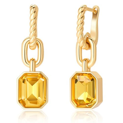 Birthstone Crystal Dangle Drop Earrings, 18K Gold Plated Huggie HoopEarring | Hypoallergenic Earring Jewelry Gifts for Women, Birthdays, anniversaries, weddings - color: Yellow-1