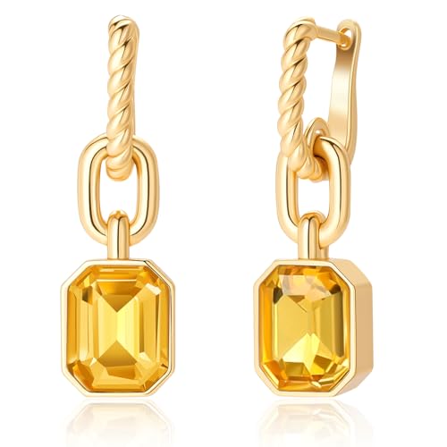Birthstone Crystal Dangle Drop Earrings, 18K Gold Plated Huggie HoopEarring | Hypoallergenic Earring Jewelry Gifts for Women, Birthdays, anniversaries, weddings - color: Yellow-1