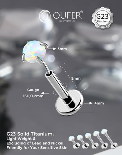 OUFER 2PCS 16G/20G Nose Lip Studs, G23 Solid Titanium Threadless Push in Nose Nostril Lip Labret Medusa Monroe Helix Cartilage Tragus Conch Lobe Piercing Jewelry for Women Men - color: Silver bar, Claw Opal, size: 2pcs, 16g 5mm, 3mm Opal