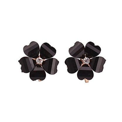 Silver Plated or Gold Plated Opal Flower Shape Clip on Earrings Non Piercing for Women - color: Black