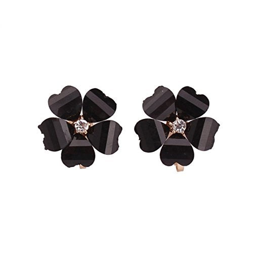Silver Plated or Gold Plated Opal Flower Shape Clip on Earrings Non Piercing for Women - color: Black