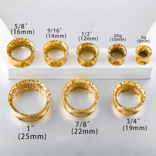 LADEMAYH 2PCS Hammered Ear Plugs Gauges for Ears, Punk Textured Tunnels | Industrial Style, Double Flared Expander, 316L Surgical Stainless Steel, Hypoallergenic, Saddle Fit, Ear Stretching Jewelry - color: #6598 Gold, size: 00g(10mm)
