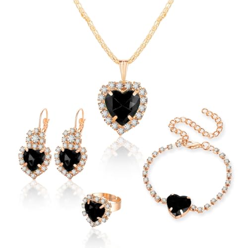 4 Pcs Heart Jewelry Set for Women fashion Cubic Zirconia Pendant Necklace Bracelet Earrings Dainty Open Ring Charm Prom Party, Birthday Valentines Mothers Day Christmas Jewelry Gift - style: Black