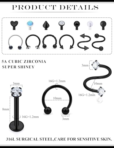 16G Horseshoe Lip Rings 316L Surgical Steel Medusa Labret Snake Bite Monroe Lip Ring 16 Gauge Tragus Forward Helix Conch Cartilage Lobe Earrings Stud Piercing Jewelry For Women Men - color: Black