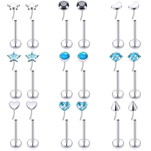 Threadless Noses Rings, Flat Back Earrings, 20/18/16g-Gauge 5/16in-Post 3mm-Top, Hypoallergenic Surgical Steel Medusa Lip Labret Cartilage Helix Tragus Conch Piercing Jewelry for Women Men - color: Blue, size: 20g*8mm
