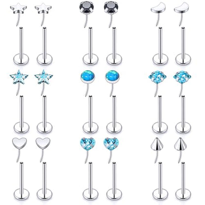 Threadless Noses Rings, Flat Back Earrings, 20/18/16g-Gauge 5/16in-Post 3mm-Top, Hypoallergenic Surgical Steel Medusa Lip Labret Cartilage Helix Tragus Conch Piercing Jewelry for Women Men - color: Blue, size: 20g*8mm
