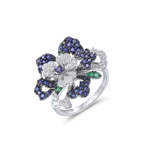 Santuzza Sterling Silver Gemstone Flower Ring for Women - color: [A]Peony-Blue & White