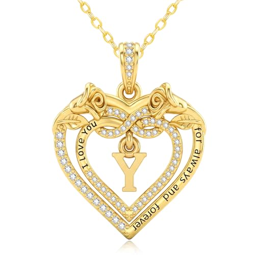 14K Gold Initial Letter Rose Heart Pendant Necklace for Women, Anniversary Birthday Jewelry Gifts for Wife Mom Grandma Sister Daughter, I Love You for Always And Forever - style: 14K Gold-Y