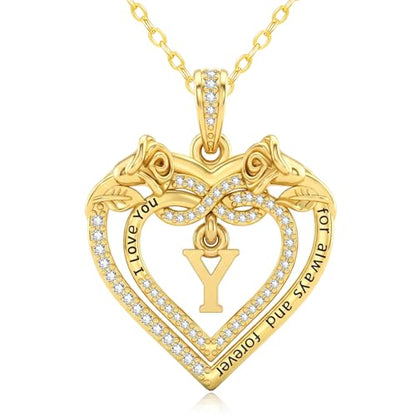 14K Gold Initial Letter Rose Heart Pendant Necklace for Women, Anniversary Birthday Jewelry Gifts for Wife Mom Grandma Sister Daughter, I Love You for Always And Forever - style: 14K Gold-Y