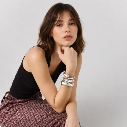 Chunky Gold Bangle Bracelets for Women Trendy 14K Gold Plated Cuff Bracelets Stack, Dainty Gold Bracelet Sets Non Tarnish Fashion Jewelry Gift - style: Silver-3pc-009