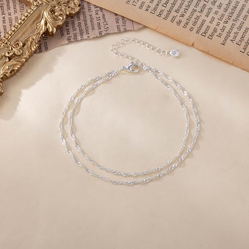 Moodear Ankle Bracelets for Women 14K Silver Plated Layered Chain Anklets | Waterproof Non Tarnish Adjustable Double Layer Anklet with Satellite Bead Chain Design for Summer Beach Jewelry Gift - color: silver-2