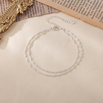 Moodear Ankle Bracelets for Women 14K Silver Plated Layered Chain Anklets | Waterproof Non Tarnish Adjustable Double Layer Anklet with Satellite Bead Chain Design for Summer Beach Jewelry Gift - color: silver-2