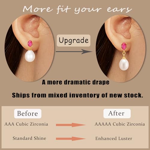 Pearl Drop Earrings Cubic Zirconia Stone Pearl Stud Earrings for Prom, Bridesmaids, Birthday Women Jewelry - color: fuchsia CZ Stone