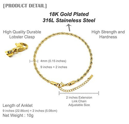 Fashion 21 Stainless Steel Cuban, Rope Chain Anklet for Women Adjustable Ankle Bracelet Waterproof Beach Fashion (I: Rope (Gold 4mm))