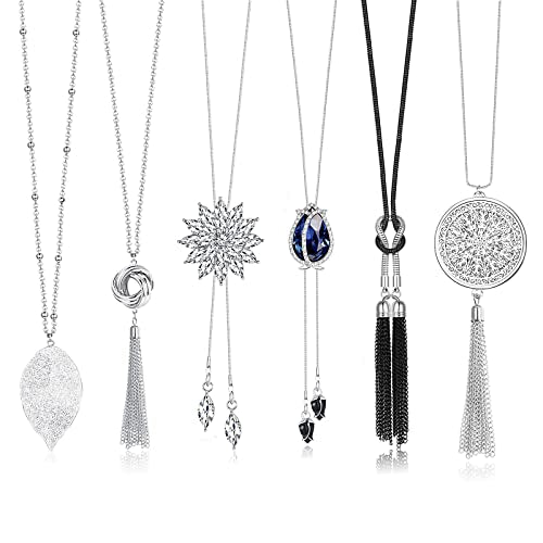 Jstyle 6Pcs Long Pendant Necklaces for Women, Statement Sweater Chain | Long Sweater Y Necklace Set, Fashion Statement Sweater Chain, Silver Flower Disk Circle Leaf Tassel Necklace, Daily Wear - style: Fashion Style