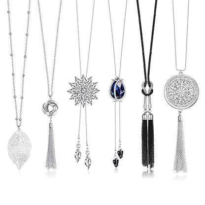 Jstyle 6Pcs Long Pendant Necklaces for Women, Statement Sweater Chain | Long Sweater Y Necklace Set, Fashion Statement Sweater Chain, Silver Flower Disk Circle Leaf Tassel Necklace, Daily Wear - style: Fashion Style