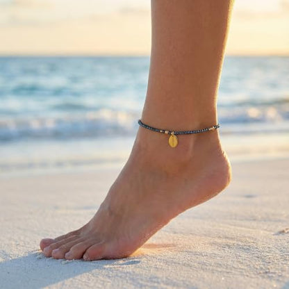 Womens Hematite Anklet, Handmade Foot Chain, Elastic Beach Chakra Jewelry - color: Ank-3