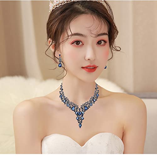 CSY Elegant Crystal Costume Jewelry Sets Flower Bridal Necklace Earrings Stretch Bangle Set for Bride Bridesmaid Wedding Dress Accessories - color: navy blue crystal