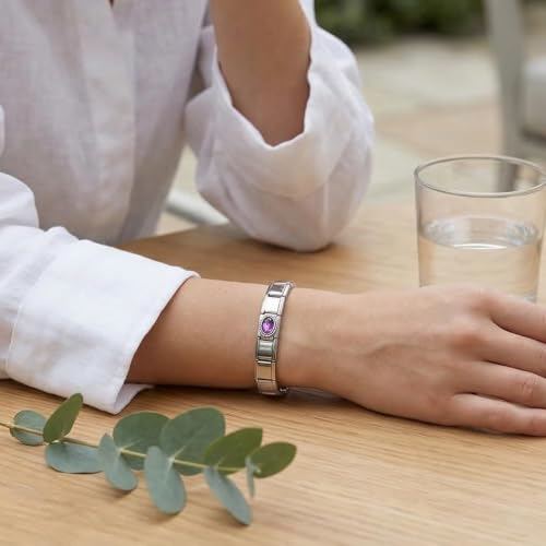 GEMOSA Birthstone Italian Charm Bracelet - 18 Links 9mm x 10mm Stainless Steel Base Bracelet with Birthstone Charm & Link Opener Tool, Polished Silver Finish Jewelry Gift Box Set for Women - color: 02-Feb-Amethyst