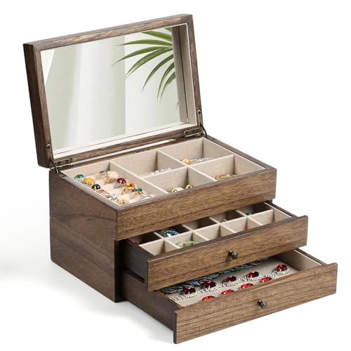 Meangood Jewelry Box Organizer for Women, 3 Layer Large Jewelry Storage Case, Rustic Wooden Jewelry Box with Mirror & Ring Tray for Necklace Earring Bracelets Rings, Vintage Style (Walnut) - color: 3 Layer Walnut, size: 3 Layer
