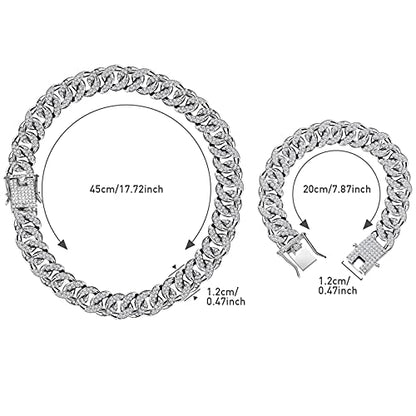 Hicarer 2 Pieces Cuban Link Chain for Men Women Cuban Necklace Bracelet Heavy Strong Link Chain Bling Unisex - color: Silver, size: 17.72 Inch, 7.87 Inch