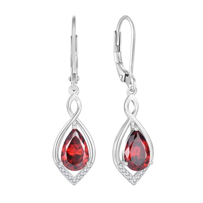 Infinity Teardrop Earrings 925 Sterling Silver Dangle Drop Leverback Earrings Birthstone Jewelry for Women - color: Deep Red
