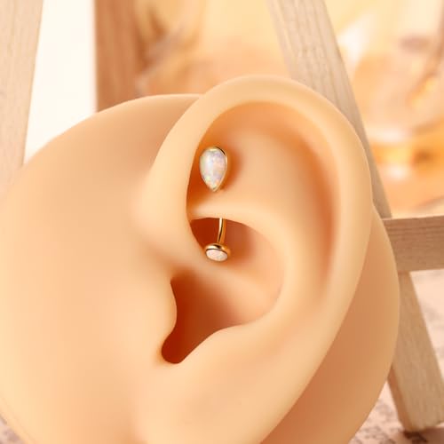 PEAKLINK G23 Titanium Eyebrow Ring 16G Rook Daith Tragus Helix Piercing Internal Threaded Curved Barbell Vertical Labret Lip Jewelry Small Belly Button Ring - color: Gold with White Opal