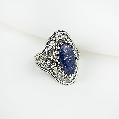 Filigranist 925 Sterling Silver Handcrafted Filigree Art Flower Pattern Woman Oval Statement Ring, Gift Boxed - color: Lapis Lazuli