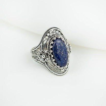 Filigranist 925 Sterling Silver Handcrafted Filigree Art Flower Pattern Woman Oval Statement Ring, Gift Boxed - color: Lapis Lazuli
