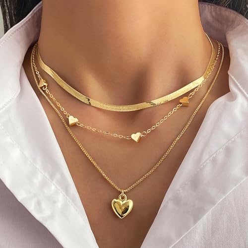Gold Layered Necklaces for Women Chunky Stacked Necklaces for Women Trendy Retro Coin Pendant Necklace Womens Multilayer Chain Necklaces Fashion Jewelry Gifts - style: golden heart