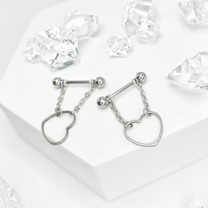 14G 2Pcs Heart Nipple Rings with Chain 316L Stainless Steel Nipple Barbells Nipple Piercing Jewelry for Women Men