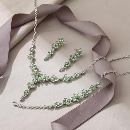 EVER FAITH Crystal Flower Wedding Prom Jewelry Set for Bride Bridesmaid | Rhinestone Costume Party Y-Shaped Necklace Dangle Earrings Bracelet, for Women - color: Light Green Silver-Tone