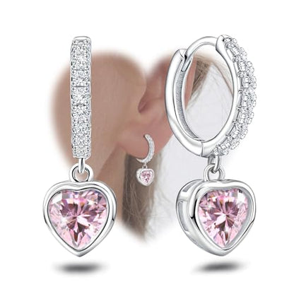 Heart Hoop Earrings with Dangle Sterling Silver Love Heart-Shaped Loop Earrings for Women Hypoallergenic Sparkle Birthstone Cubic Zirconia Hoop Earring with Dangling Charms Dainty Fashion Jewelry Gift - color: Pink