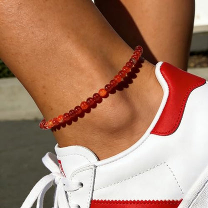Natural Stone Beaded Anklets for Women, Handmade Boho Clear Quartz 4mm Crystal Beads Anklet, Gold Chain Adjustable Ankles Bracelet, Beach Summer Jewelry Gemstone Foot Bracelet Gift - color: Carnelian