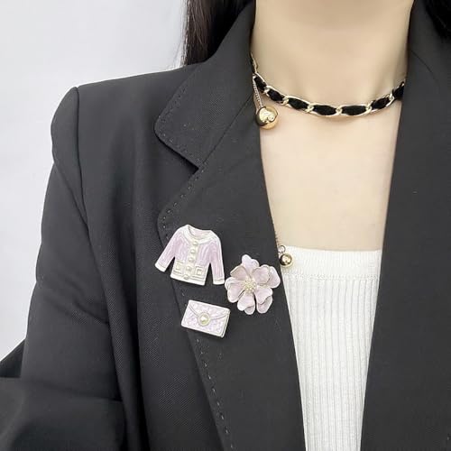 Elegant Flower Imitation Pearl Brooch Pin Set Retro Enamel Coat Bag and Camellia Lapel Collar Brooches Pins Fashion Birthday Business Jewelry for Women Dress Suit Sweater Shirt Badge Accessory 3Pcs - color: Pink