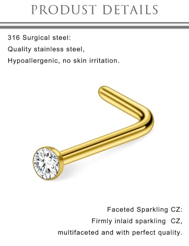Hoeudjo Nose Studs Surgical Steel Cubic Zirconia Nose Rings Kit for Women Men Tiny Nose Stud Bone & Screw & L Shaped Nostril Piercing Jewelry 18/20/22/24 Gauge 10 Pieces - color: gold-tone,L-shaped nose studs, size: 20g/2mm clear CZ
